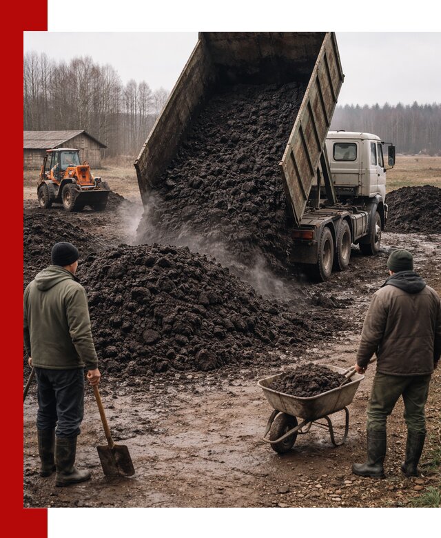 Доставка низинного торфа с разгрузкой и доставкой в Петергофе